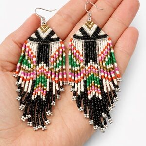 Handmade Beaded Fringe Earrings | Boho Geometric Tribal Dangles NWT
